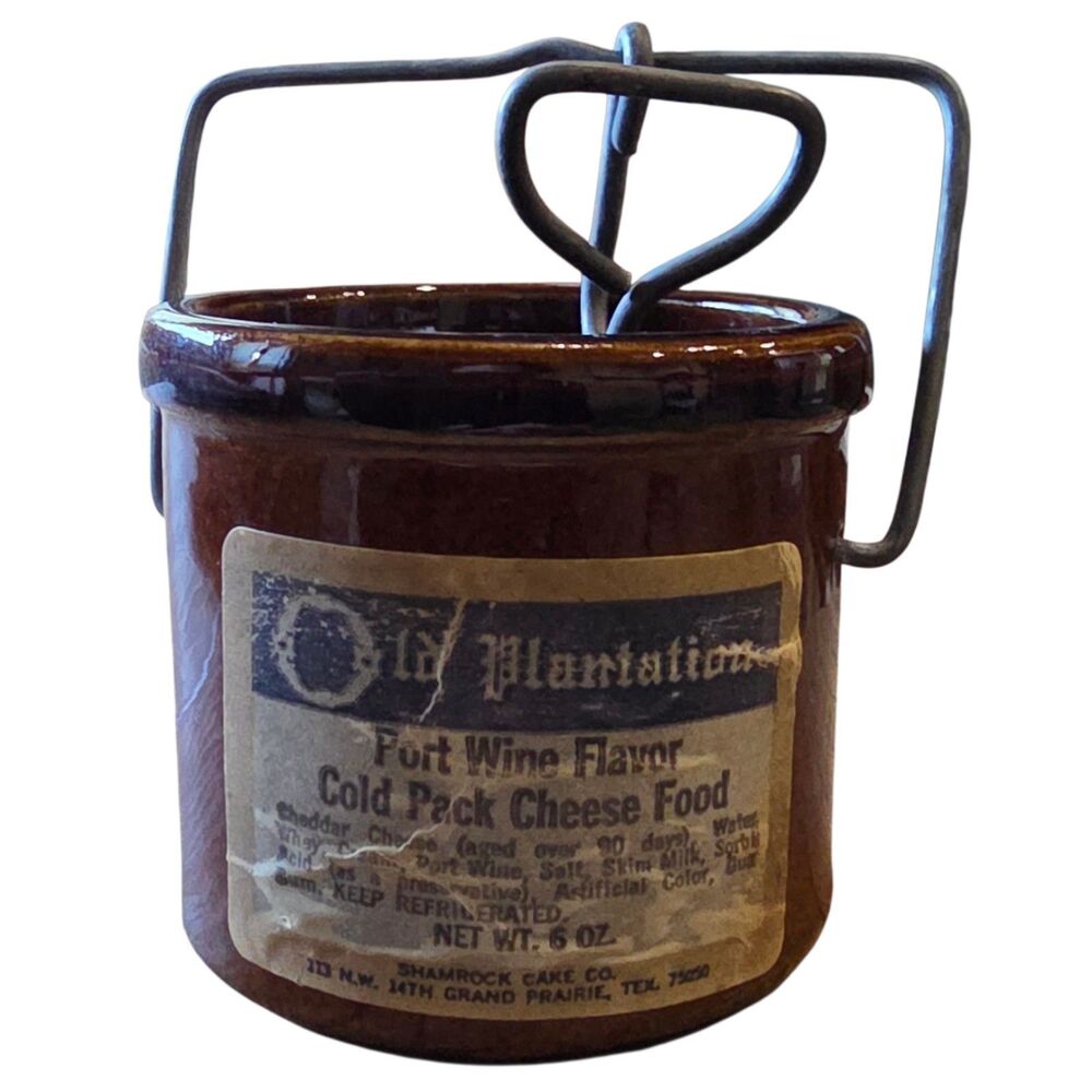 Vintage Old Plantation Port Wine Cheese Crock Stoneware Brown Glazed Wire Bail